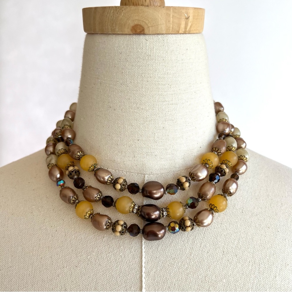 Vintage Beaded Tri Strand Necklace